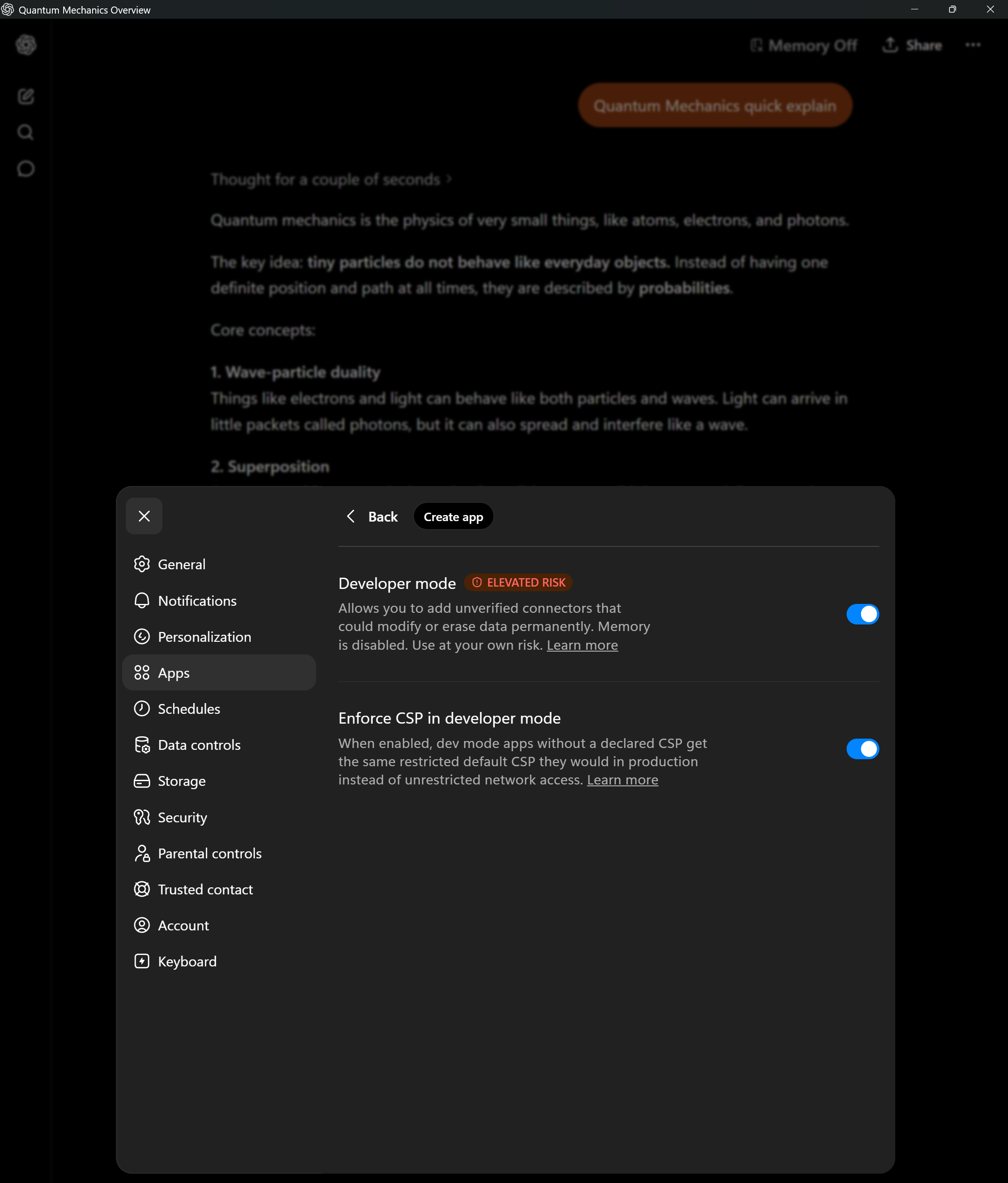 Activarea Developer mode in setarile ChatGPT