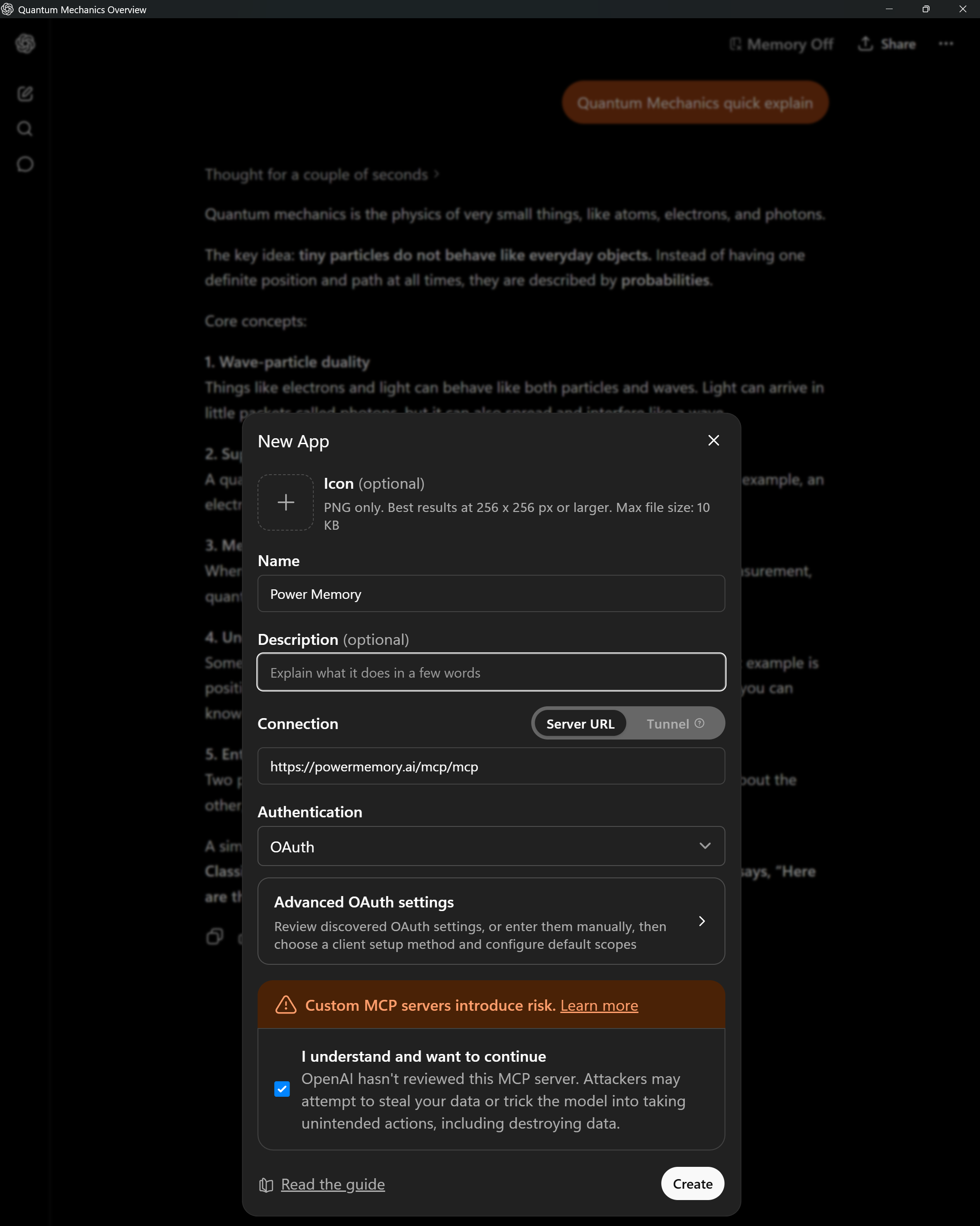 Configurarea serverului MCP Power Memory in ChatGPT