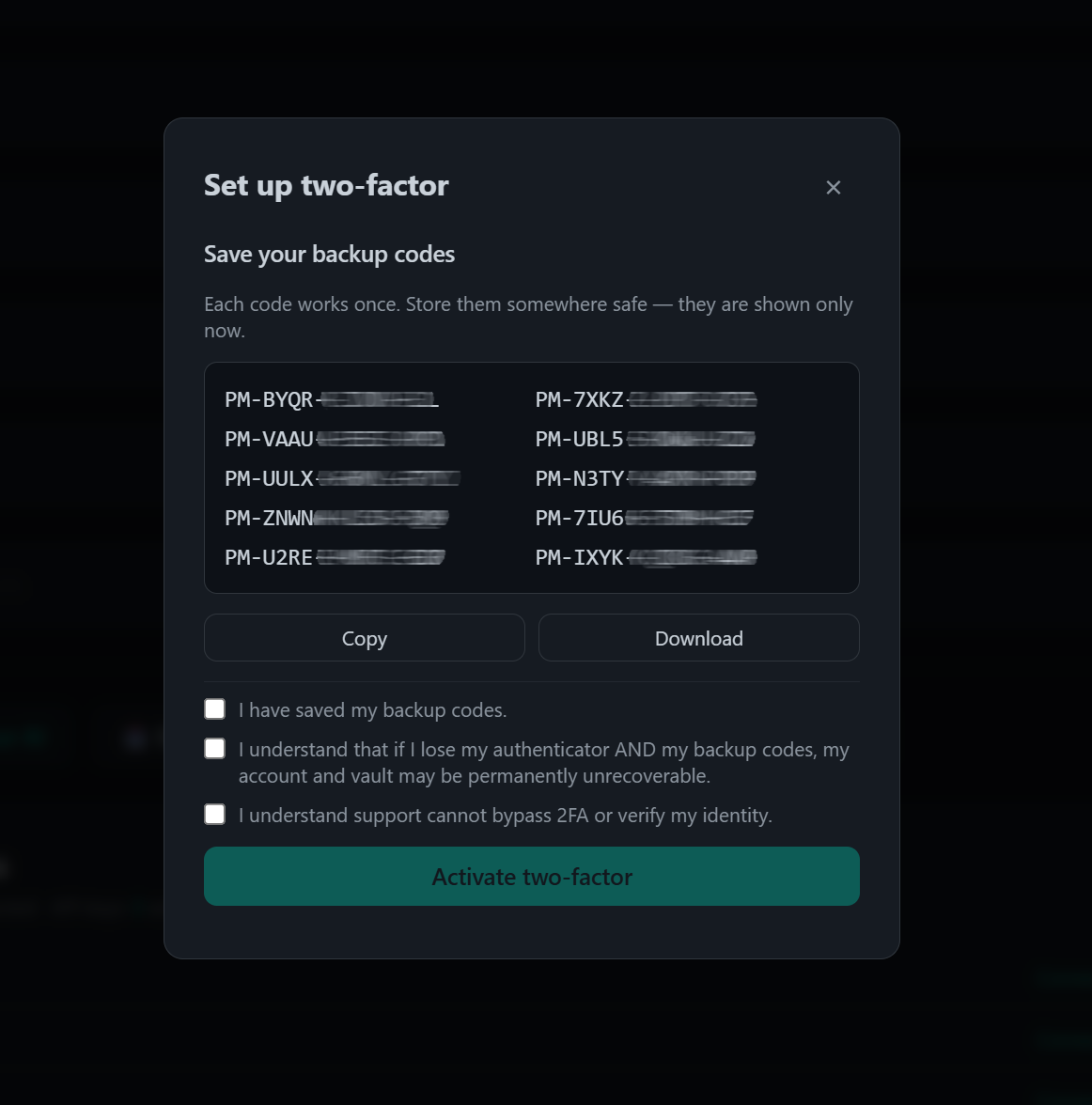 Save your backup codes, then acknowledge and activate