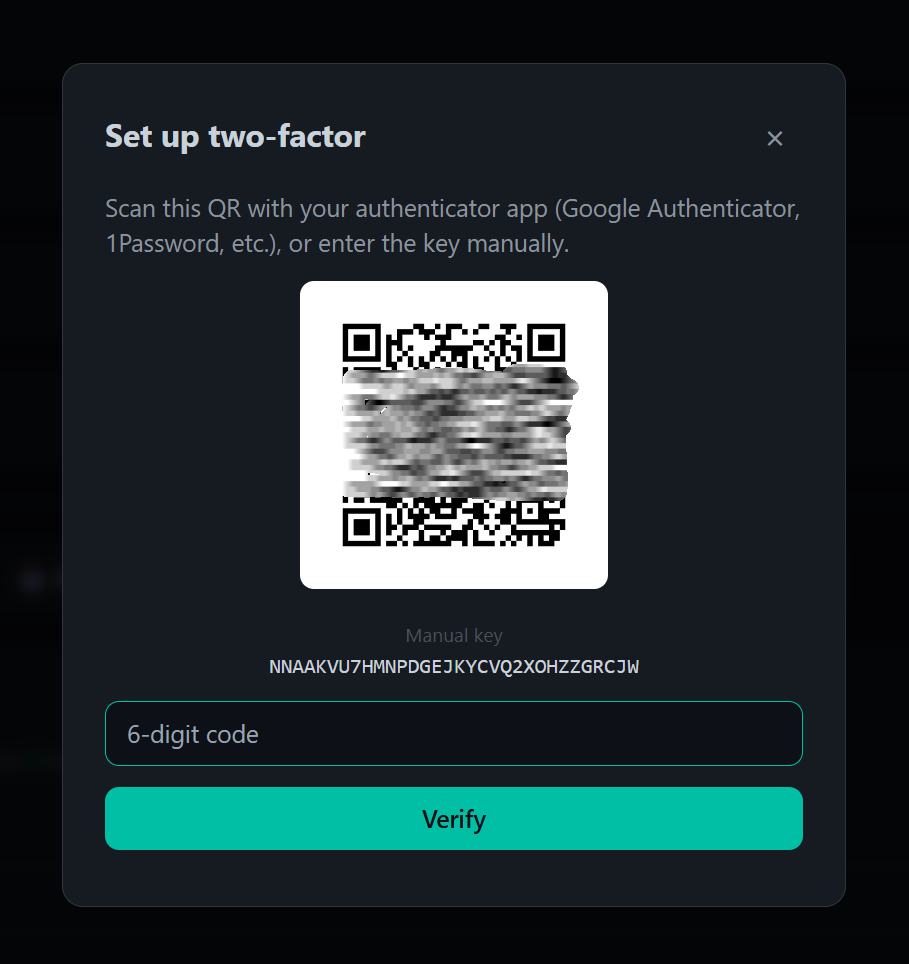 Set up two-factor — scan the QR or enter the key manually
