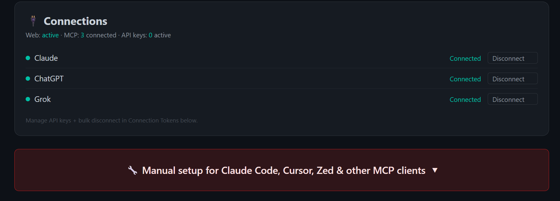 Connections card and manual setup banner