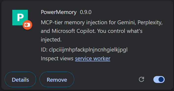 Cardul extensiei PowerMemory in chrome://extensions