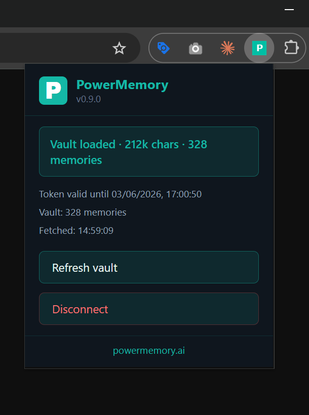 Popup-ul PowerMemory din toolbar cu un vault conectat