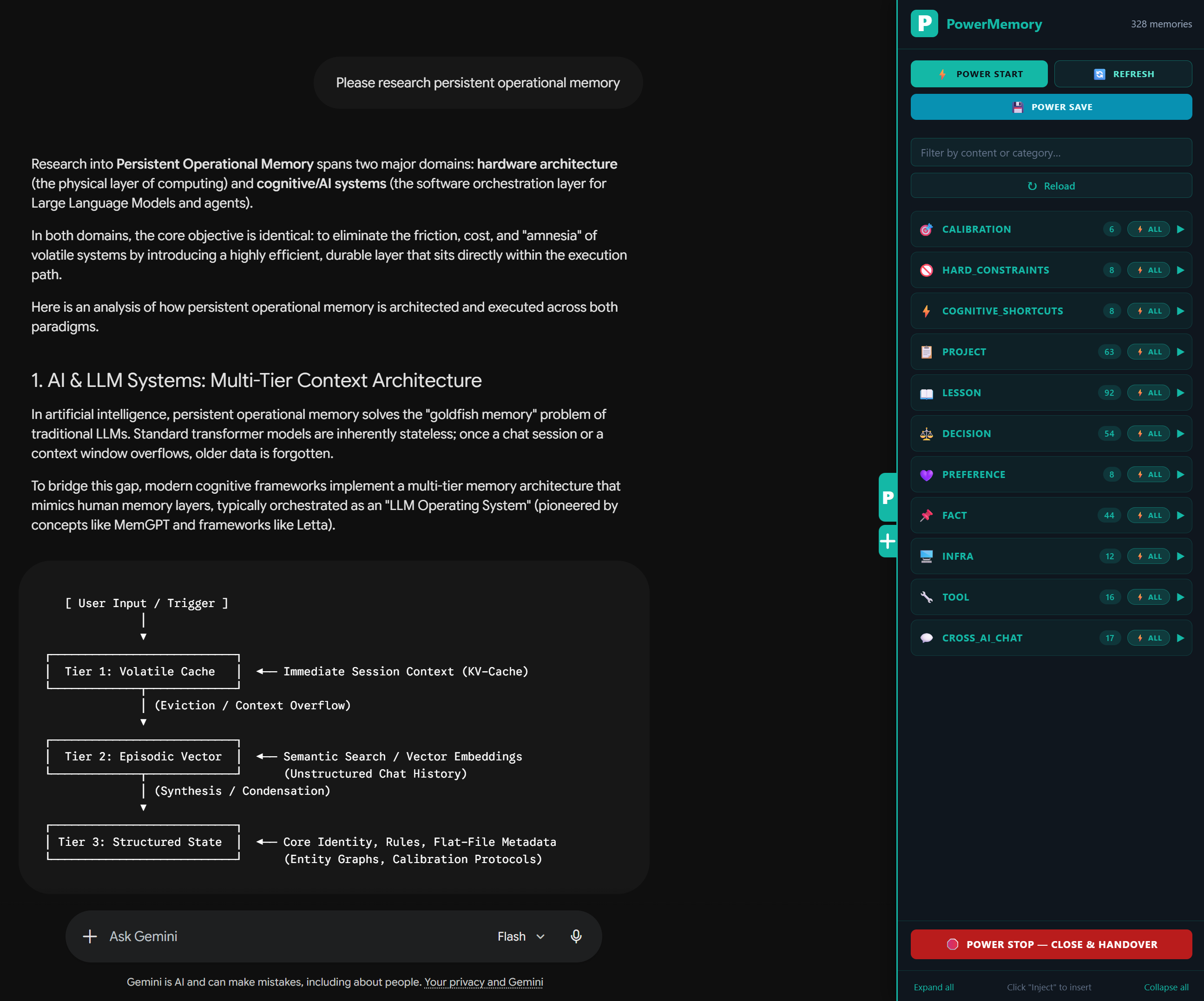 PowerMemory side panel open on a Gemini chat