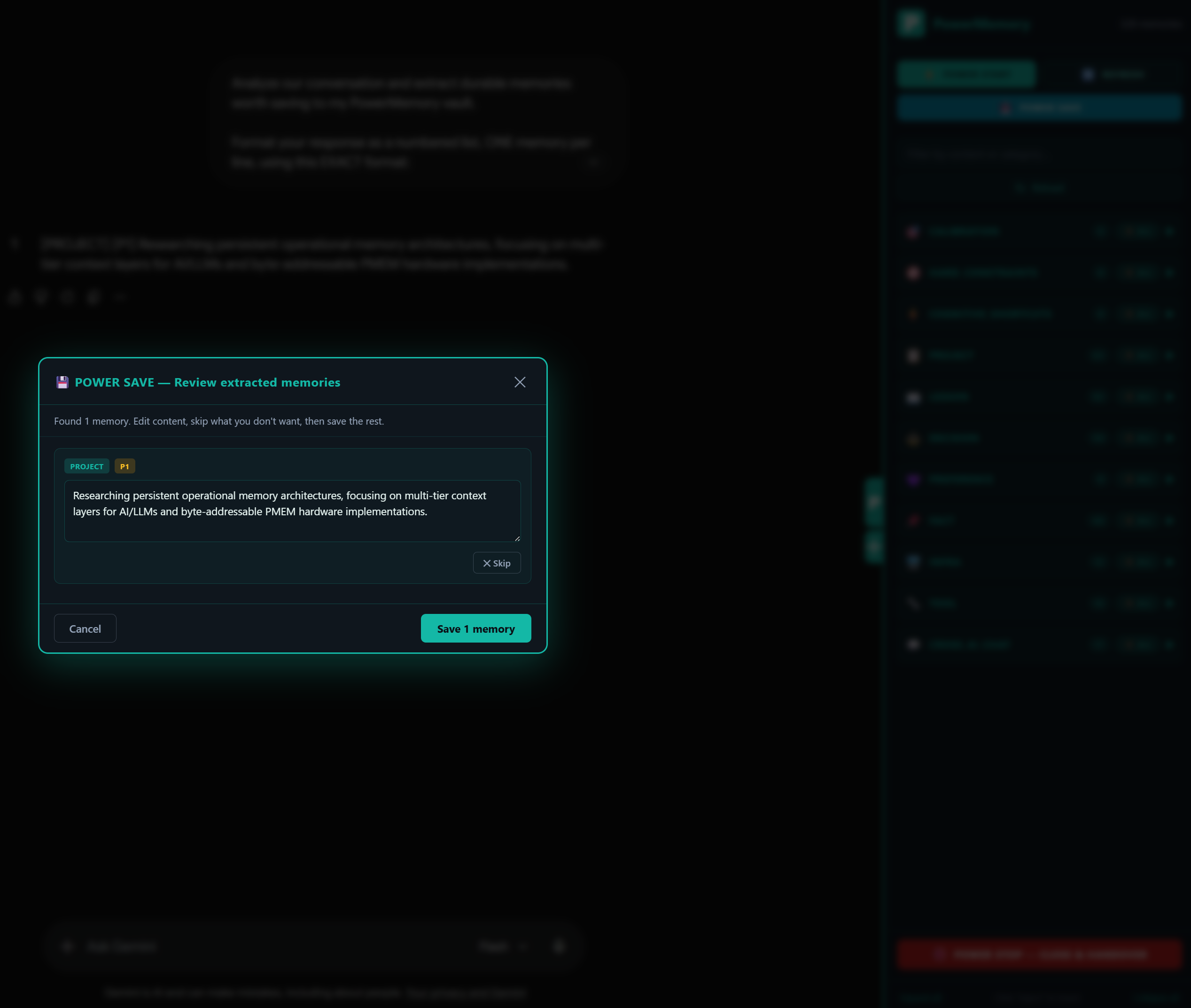 POWER SAVE review modal with extracted memories
